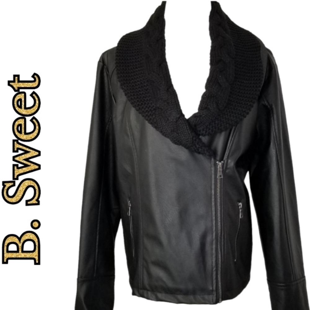 B. Sweet Black Leather Jacket with Knit Collar